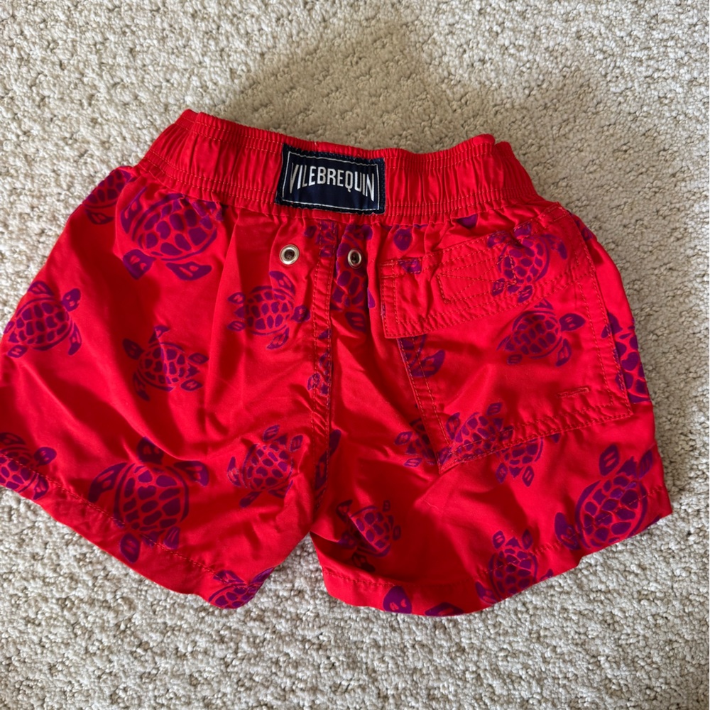 Vilebrequin kids/boys Red Swim Shorts with Purple Turtle Print